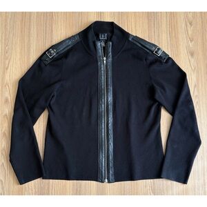 INC Silk Blend Leather Trim Zip Up Knit Top Womens XL Black Moto Biker Baddie